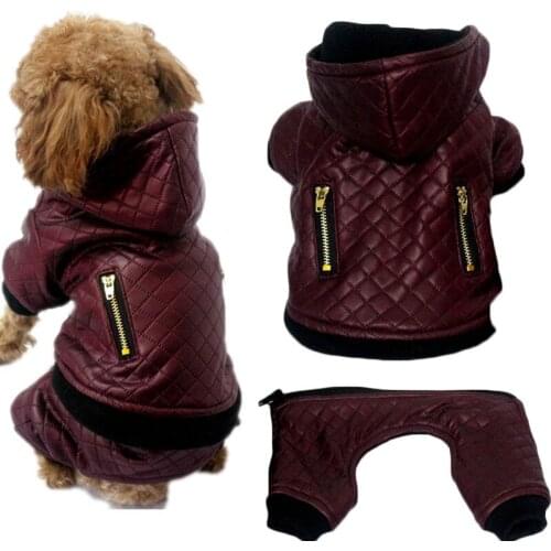 PU Leather Dog Clothes Winter Rhombus Pattern Hooded Coat Pants Suit Detachable Overalls Jumpsuit Costume Apparel For Small Dogs