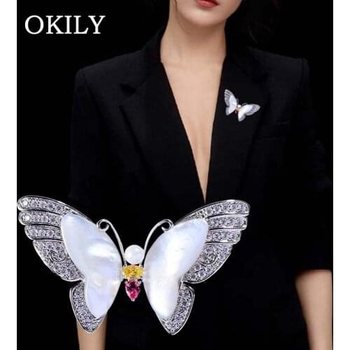 OKILY Beautiful Shell Insect brooches for Women Butterfly Brooch Pin with Colorful AAA Zircon Clother Suit Overcoat Accessories