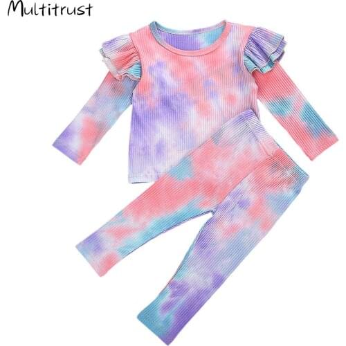 1-5Y Toddler Girl Clothes Tie-dye Outfits Long Sleeve Round Neck Ruffle Pullover Elastic Waist Trousers 2pcs