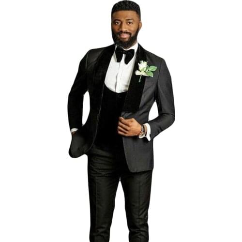 Latest Design Tailored Black Mens Wedding Tuxedo Groom Suits Velvet Shawl Lapel Man Blazer Prom Party 3Piece Groomsmen Jacket