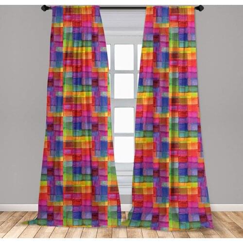 Multicolor Abstract Window Curtains Rainbow Colored Geometric Square Shaped with Blurry Lightweight Decorative