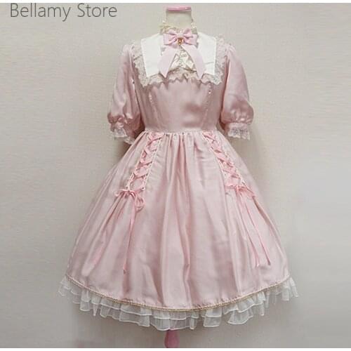 Pink Retro Japanese baby collar Lolita soft girl lace bow tie lace up short sleeve dress