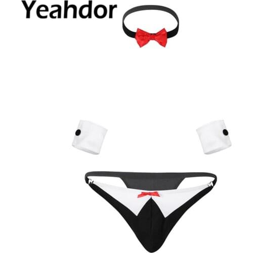 Sexy Mens Cosplay Waiter Lingerie Bow Tie Tuxedo Thong G-string Briefs Gay Sexy Clubwear 3Pcs Hommes Role Play Sets