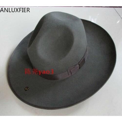 B-8127 Mens 100% Woolen Fedoras Hat Wide Brim Oversize 12cm Woolen Hat Fashion Wool Felt Fedora Woolen Cap Equestrian Hat