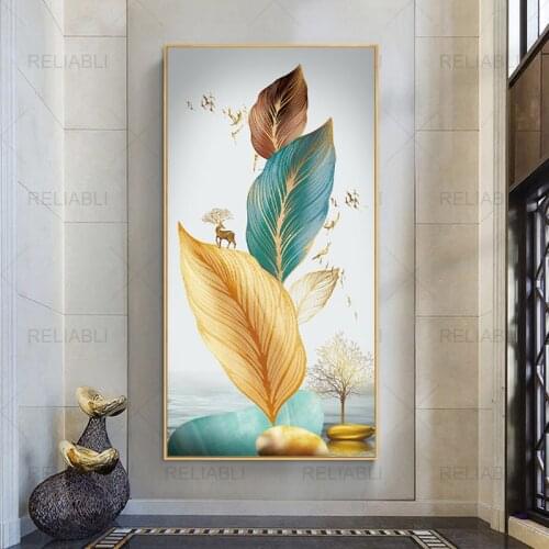 Nordic Golden Feather with Deer Modern Canvas Painting Abstract Posters and Prints Wall Pictures for Living Room Home Decoration