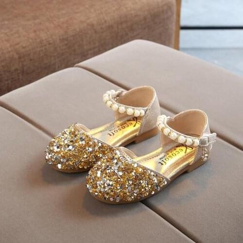 Autumn Summer Girls Shoes Bead Rhinestone Flats Fling Princess Shoes Baby Dance Shoes Kids Sandals Children Wedding Shoes Gold