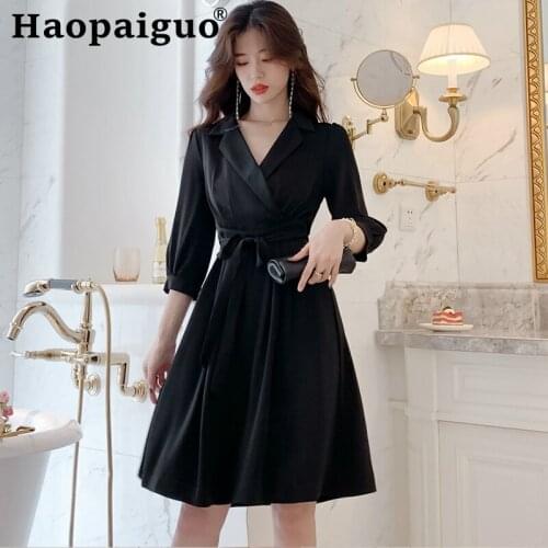 Big Swing Corset Black Blazer Dress Women Three Quarter Corset A-Line OL Office Work Dress Women with Sashes Fall Clothes Ropa
