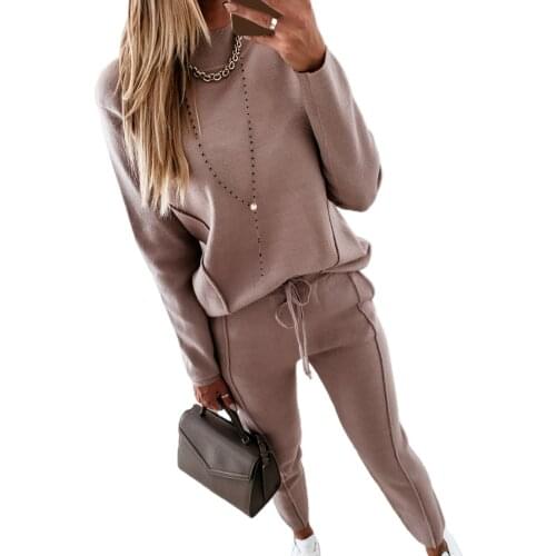 Women Autumn Winter Two Piece Set Outfit Long Sleeve Blouse Top Drawstring Pants