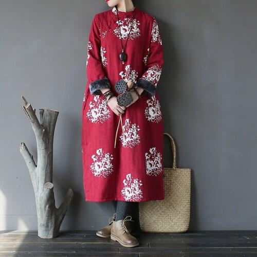 Johnature 2020 Winter New Print Floral Women Stand Vintage Dress Thick Warm Robe Button Original Chinese Style Cheongsam Dress