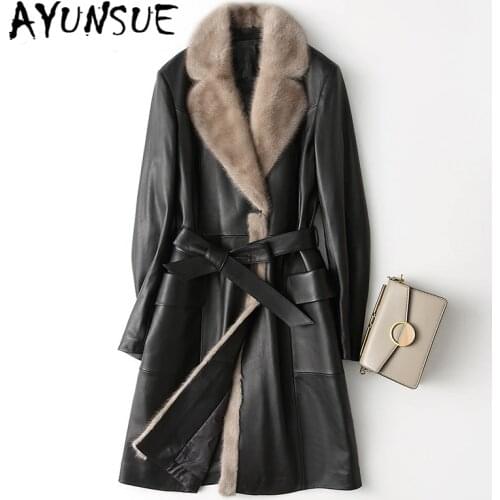 AYUNSUE Womens Winter Sheepskin Coat Female Natural Mink Fur Collar Genuine Leather Duck Down Jacket Women Real Leather Coat 55
