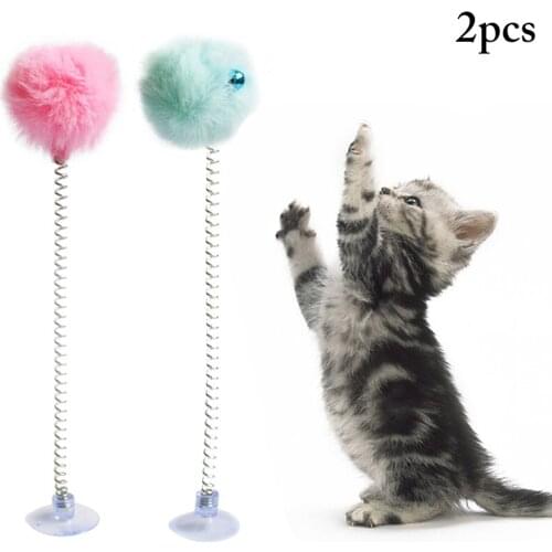 2pcs Plastic Cat Toy Cat Interactive Toy With Bottom Sucker Elastic Spring Feather Plush Ball with Bell Cat Toy for Cats