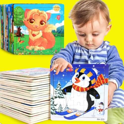 20Pcs Wooden Puzzle Toys Cartoon Animals Intelligence Educational Kids Gift