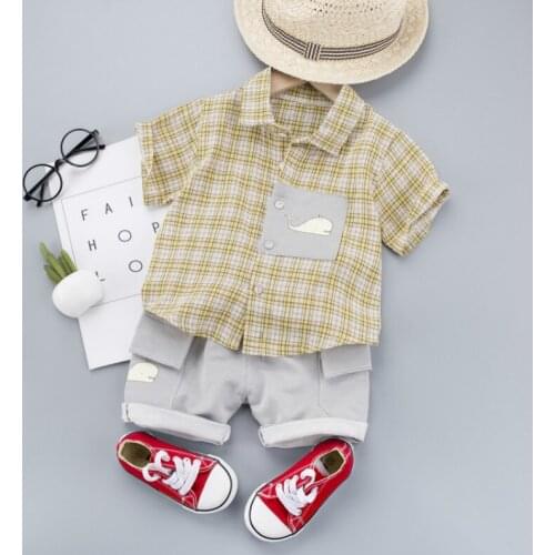 2021 summer clothing Baby Boys/Girls Sets Cartoon Lattice T shirt+shorts 2 pcs suit gentleman baby Boys Cotton clothes children
