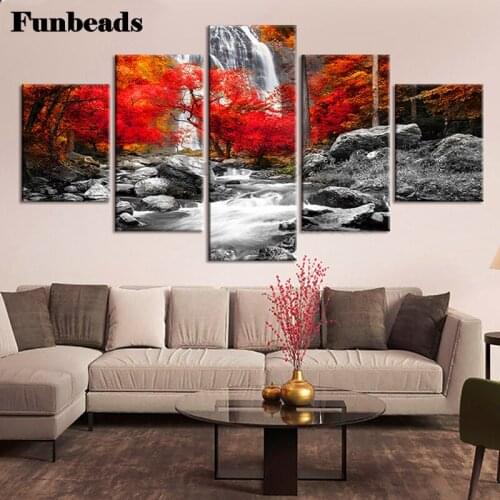 Diamond Embroidery Natural Waterfall Landscape Diamond Art 5D Diamond 5 Piece Painting Full Square/Round Red Maple Tree,FF4022