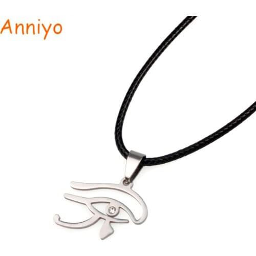 Anniyo Eye of Horus Stainless Steel Pendant With Black Rope & Rhinestone for Women Egyptian Amulet Jewelry #003909