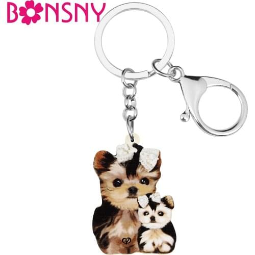 BONSNY Mothers Day Acrylic Cute Yorkshire Dogs Keychains Ring Fashion Pets Key Chain Jewelry For Women Girls Teens Gifts