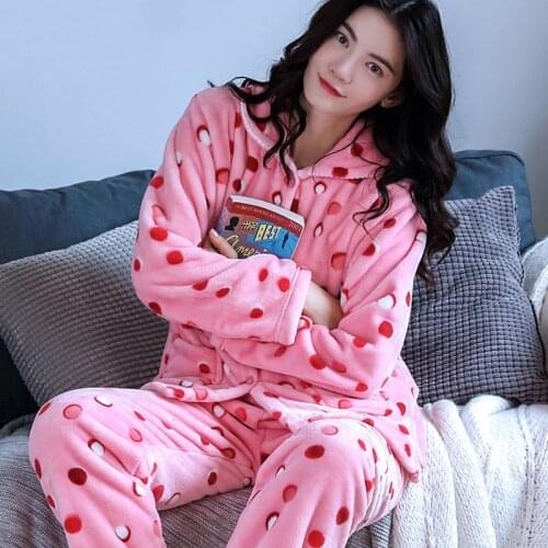 H5804 Lovely Women Pajamas Thick Coral Velvet Sleepwear Suit Household Wear Female Loose Flannel Long Sleeve Winter Nightgown