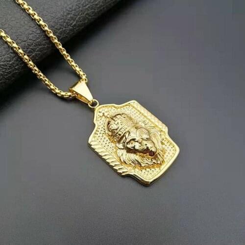 Hip Hop Rock Gold Color Stainless Steel Crown Lion Pendants Necklace for Men Rapper Jewelry Drop Shipping
