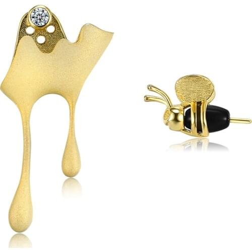 COCOM Real 925 Sterling Silver Asymmetric Bee Stud Earrings 18K Gold Plated Bee and Dripping Honey Fine Jewelry for Women Gift