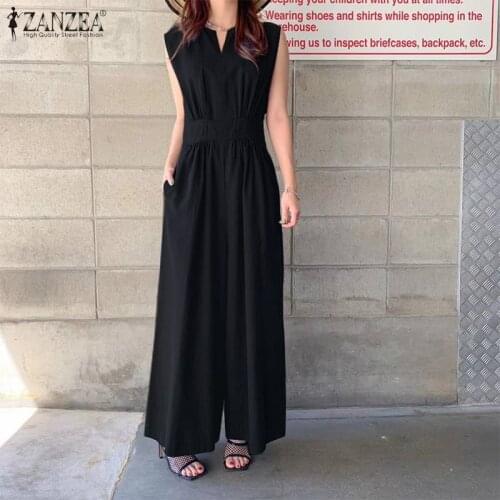 ZANZEA Summer V Neck Sleeveless Jumpsuits Stylish Rompers Vintage Women Work OL Wide Leg Playsuits Female Solid Office Overalls