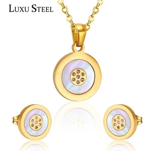 LUXUSTEEL jewelry set woman Stainless Steel Round Pendant Necklace Earrings Fashion Chains Necklaces Collars Accessories