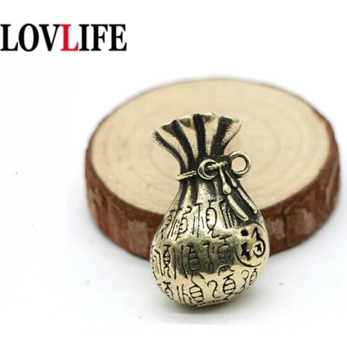 Brass Solid Lucky Blessing Chinese Words Engraved Purse Pendant for Keychain Jewelry Luxury Vintage Copper Car Key Chain Hanging