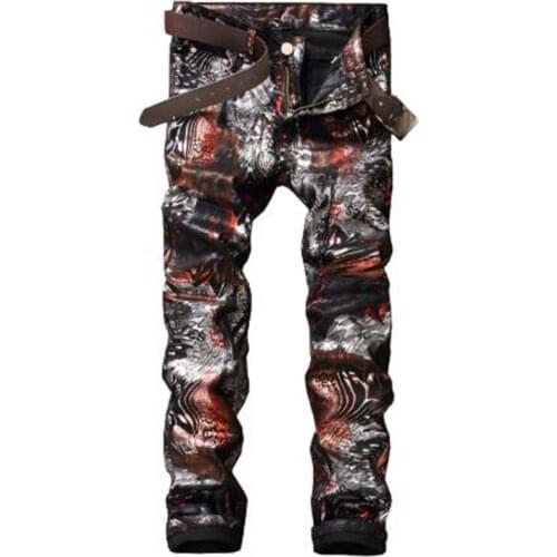 New 2020 original fashion trend printing mens male slim European American flower pants fashion PU casual trend trousers