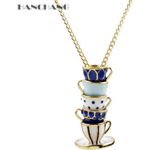 Stacked Cups Necklace Enamel Hand Painted Coffee Cup Tea Cup Pendant Necklaces for Women Girl Creative Jewelry Gift