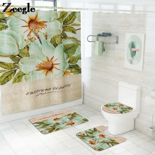 Simple Retro Floral Printed Toilet Floor Mat Pedestal Rug Toilet Seat Cover Mat Set Bathroom Carpet Set Shower Room Door Mat