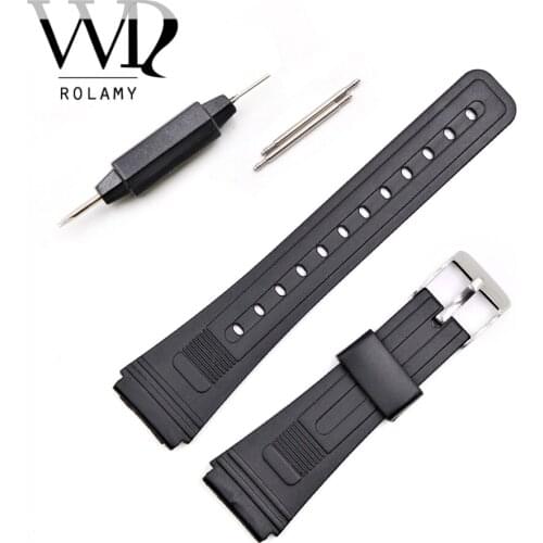 Rolamy 20mm Watch Band Strap Silicone Rubber Men Lady Black Replacement Straight End Loop Silver Polished Pin Buckle Watchband