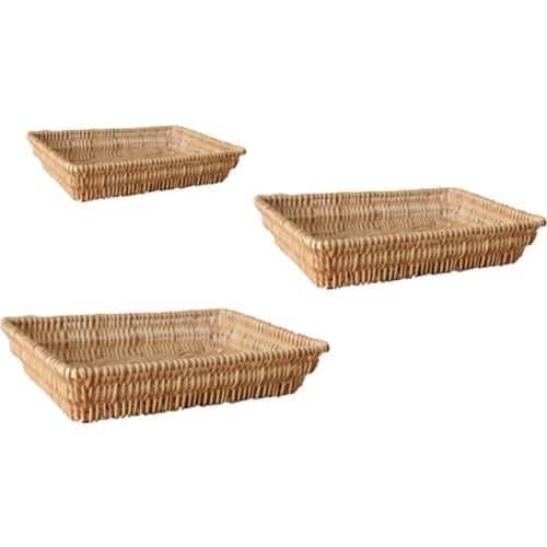Rattan Wicker Bread Storage Basket Woven Food Serving Basket Fruit Bread Basket Snack Fruit Tray, 3PCS