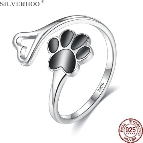 SILVERHOO 925 Sterling Silver Paw Animal Footprint Heart Rings Black Zircon Adjustable Ring Finger For Women Silver 925 Jewelry