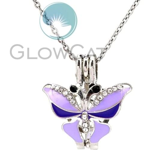 Blue Enamel Rhinestone Butterfly Beads Cage Locket Pendant Perfume Diffuser Pearl Cage Necklace KK1051
