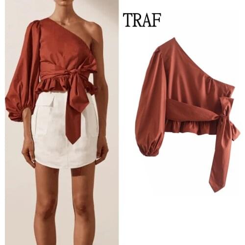 TRAF Za Top Women Blouses 2021 Sexy One-Shoulder Long Sleeve Womens Shirt Off Shoulder Top Fashion Ruffle Belt Woman Clothing