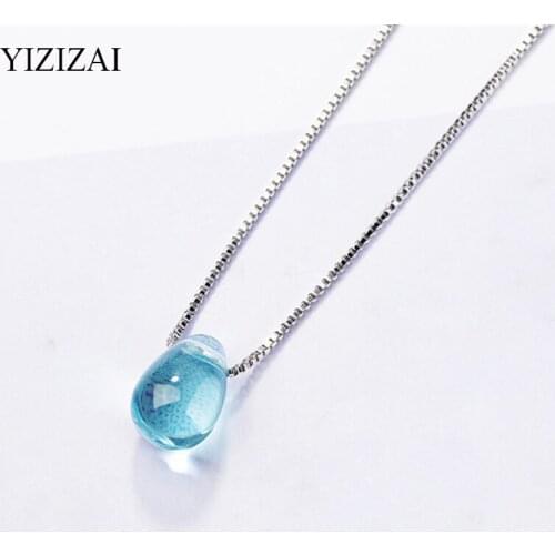 YIZIZAI Blue Artificial Crystal Silver Plated Necklace Korean Simple Temperament Water Drop Pendant Necklace For Women