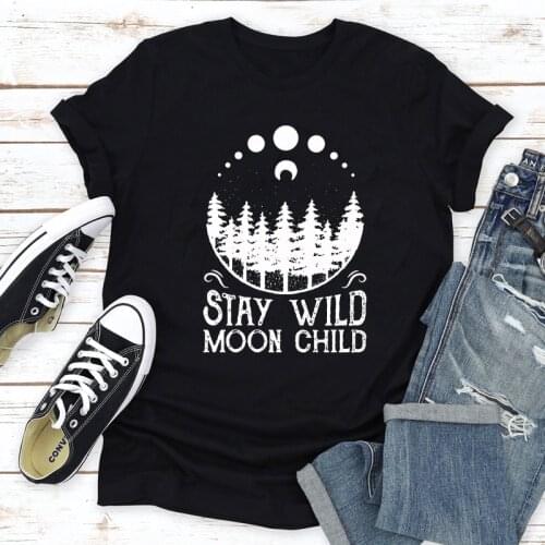 Stay Wild Moon Child T-shirt Aesthetic Moon Phases Astronomy Tshirt Women Boho Forest Nature Top Tee Shirt