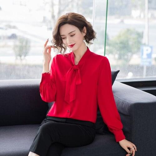 Women Chiffon Blouse Tops High Quality Solid Chiffon Shirts Bow Collar Lady Office Shirts