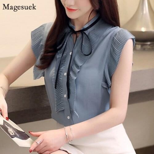 Korean Sleeveless Loose Plus Size Women Shirts Solid Office Lady Summer Casual Female Tops Ruffled Chiffon Blouse Women New 9863