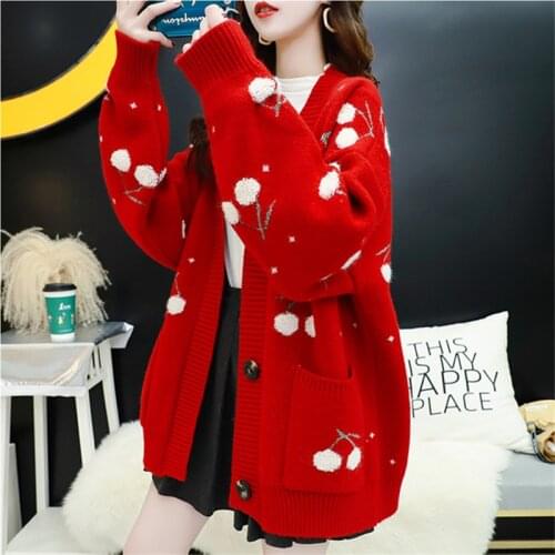 2021 Fashion Korean Woman Sweater Cardigan Jacket Winter Warm Knitwear Fruit Cherry Embroidery Knitted Autumn V Neck Oversize