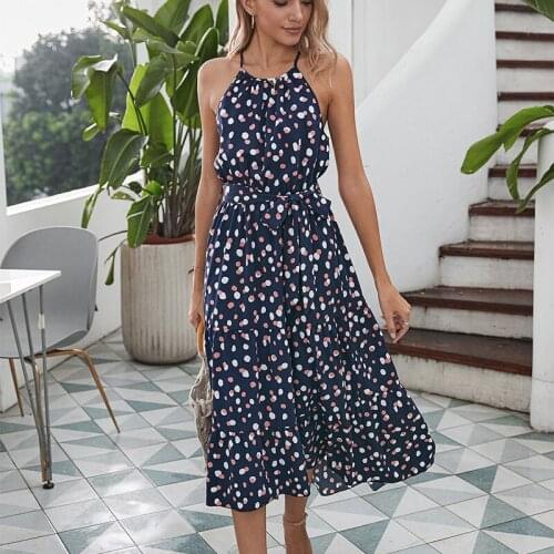 Women Summer Sleeveless Dress Adults Tie-up Long Dot Print Round Neck