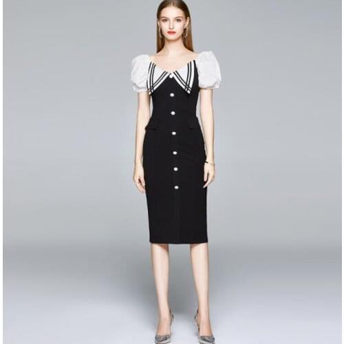 Womens spring summer short sleeve V neck white collar black dress female sexy sheath black dress TB613