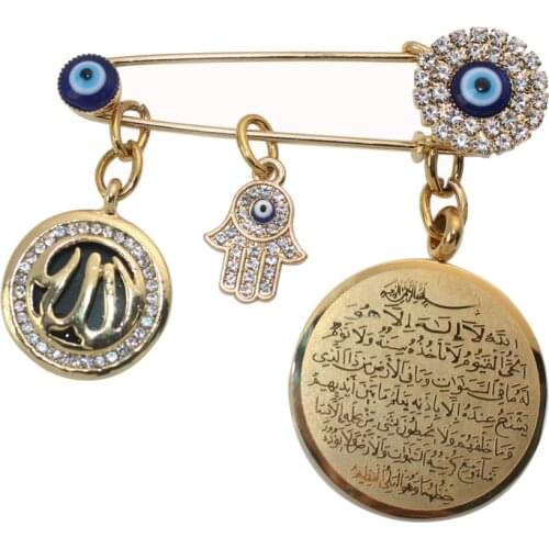 ZKD muslim islam AYATUL KURSI Allah Turkish evil eye hamsa hand of fatima Stainless Steel Scarf Hijab brooch Baby Pin