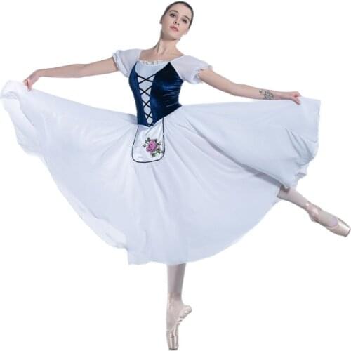 Short Sleeve Dance Costume Navy Blue Bodice and White Chiffon Long Dress for Ballet Dancing Dresses Performance Costumes 19233