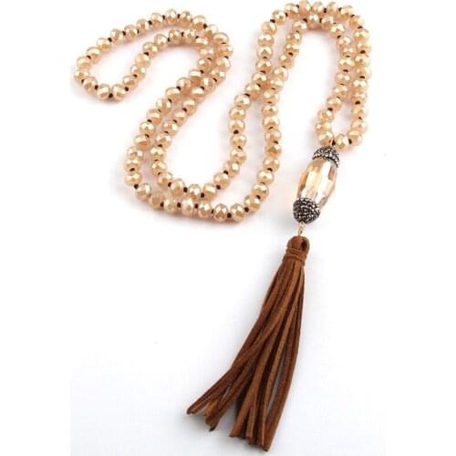Free Shipping Fashion Bohemian Jewelry Beige Long Crystal Glass Knotted Handmake Paved Crystal Tubes Tassel Necklace For Women