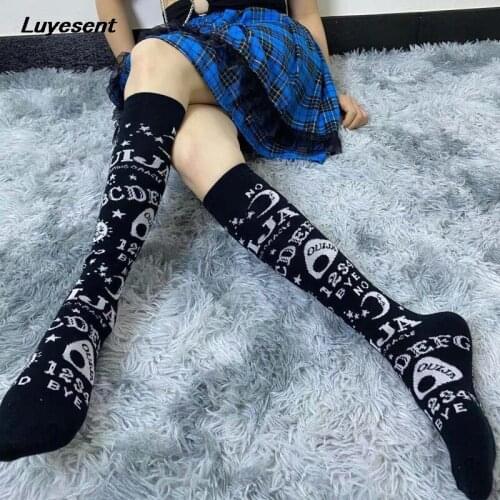 Black Gothic Women Cartoon Cool Socks 2021 Lady Hipster Letter Crescent Calf-length Goth Stockings Rock Streetwear