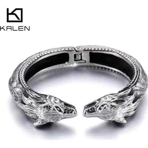 Kalen Double-Headed Wolf Vicious Open Bangles Mens Stainless Steel Domineering Bracelet Jewelry