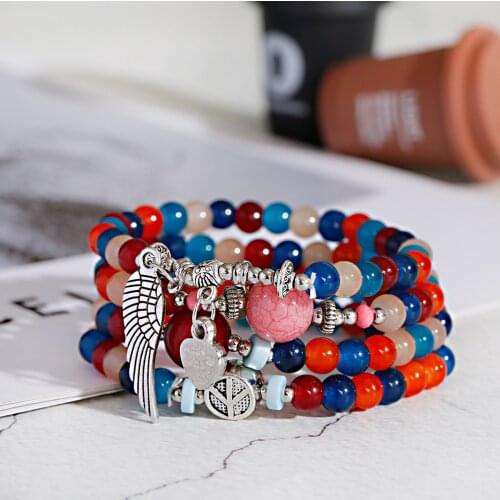 Stone Bracelets For Women Alloy Wing Beaded Bracelet Bohemia Jewelry Heart Bracelets For Girls 3/4pcs Pulseras Friendship Gift