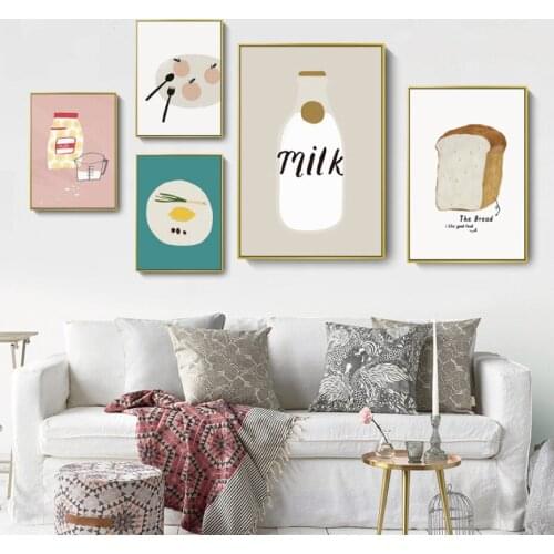 Cartoon Breakfast Food Bread Milk Fruit Canvas Painting Wall Art Picture Poster And Print For Nursery Kitchen Home Decoration