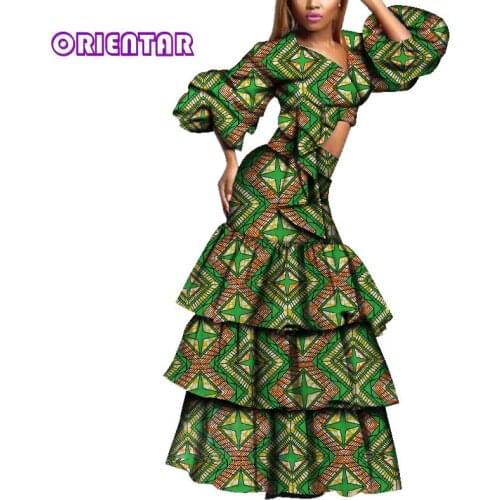 2 Pieces African Skirt and Tops Set Women Puff Sleeve Sexy Crop Tops Long Skirts Africa Print Evening Party Skirt Suits WY3783