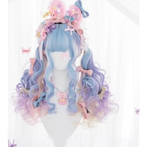 CosplayMix 67CM Lolita Japan Cute Harajuku Long Wavy Blue Mix Pink Ombre Bangs Halloween Party Synthetic Hair Cosplay Wig+Cap